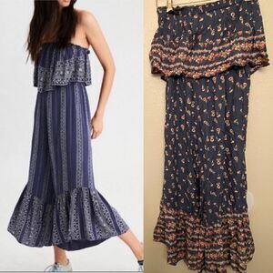 Japna smocked ruffle strapless jumpsuit wide leg palazzo  romantic blue floral M